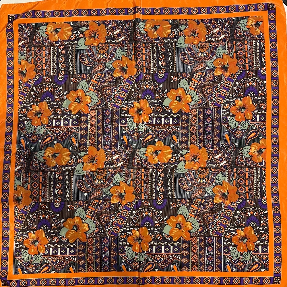 Square Silk Scarf 31” x 31” Orange / Purple Floral & Paisley Design